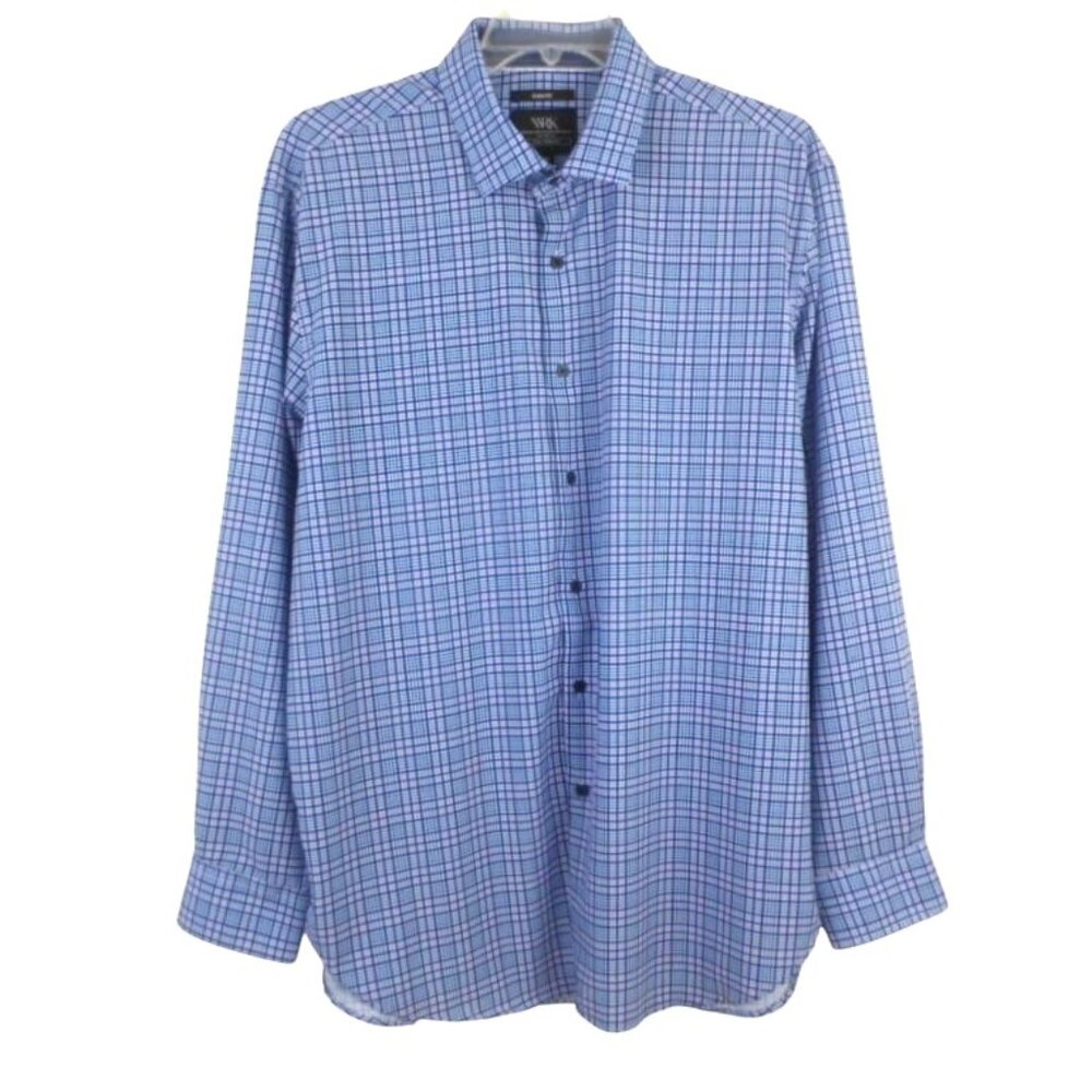 WRK Work Rest Karma Mens 18 Slim Fit Performance Dress Shirt Blue Check